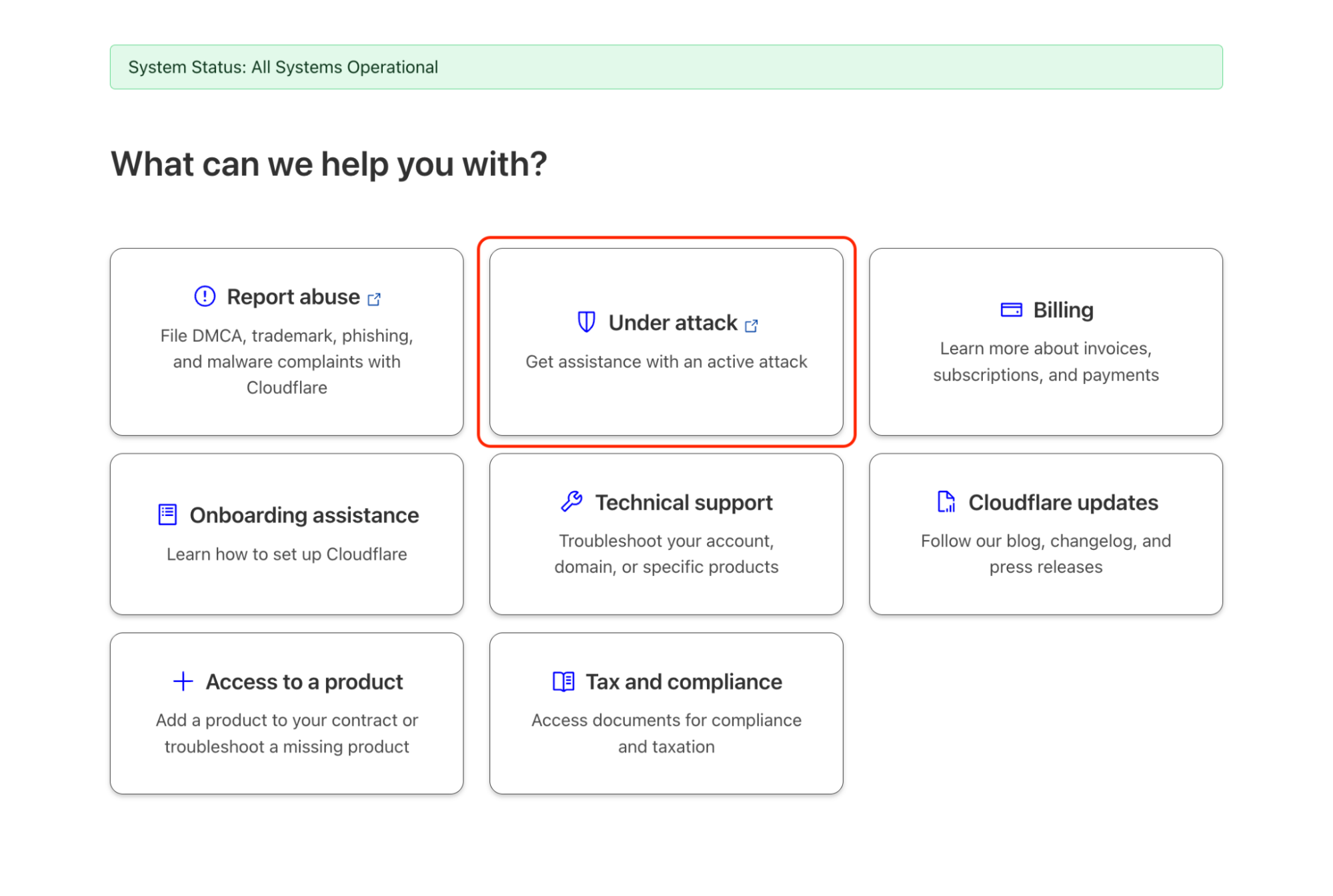 Cloudflare's support dashboard. The option for support when actively under attack is highlighted for diagram purposes.'.